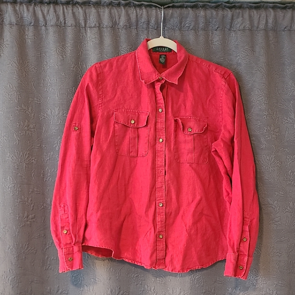 Lauren Ralph Lauren Women's Button Up Vibrant Red Linen Shirt, PL